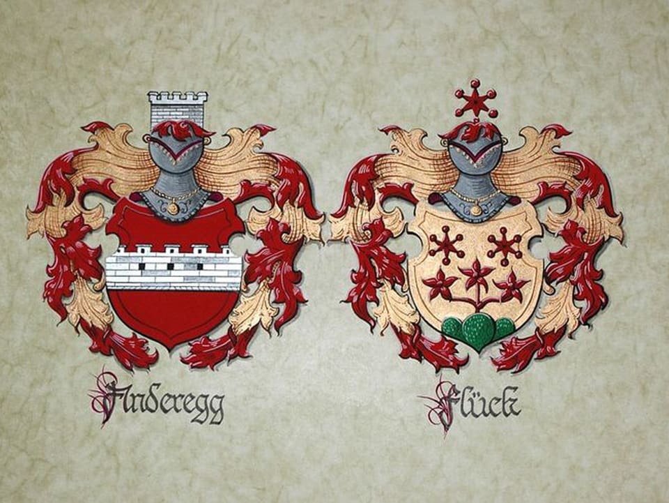 Die Wappen der Familien Anderegg und Flügg nebeneinander.