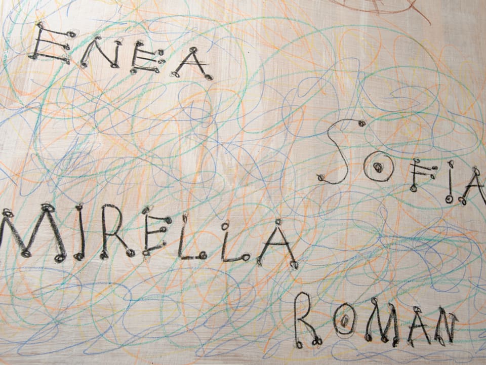 Auf einem Bild mit wildem Gekritzel stehen die vier Namen Enea, Mirella, Sofia und Roman.