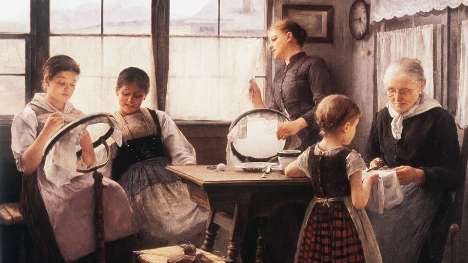 Altes Bild aus einer Bauernstube mit mehreren Frauen und Kindern am Sticken 