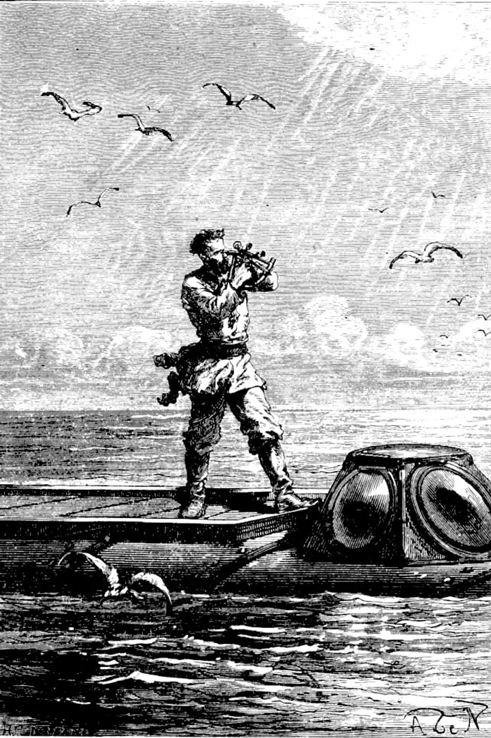 Zeichnung von Kapitän Nemo auf dem U-Boot.