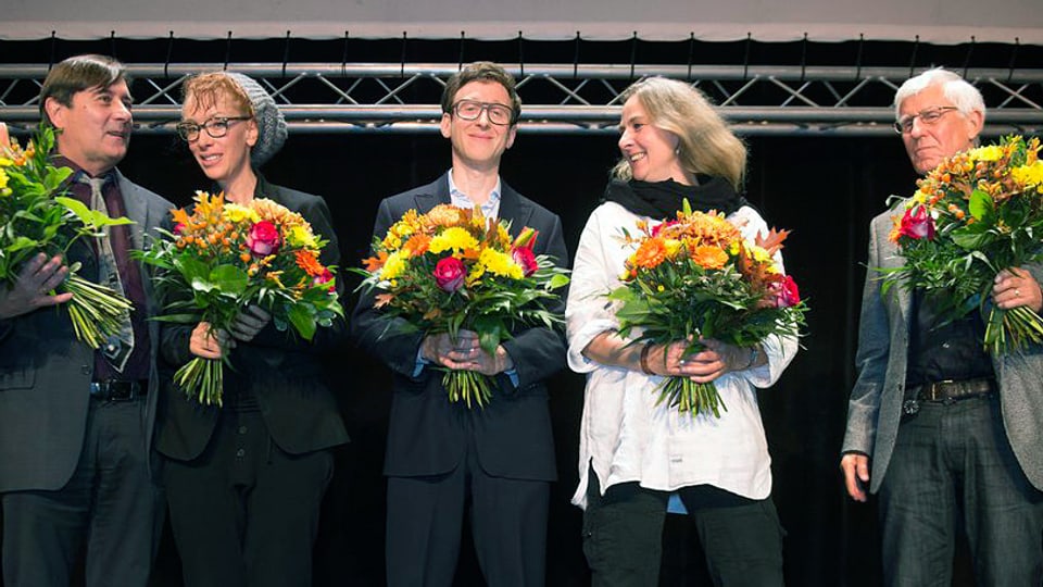 Alain Claude Sulzer, Sibylle Berg, Thomas Meyer Ursula Fricker und Peter von Matt an der Verleihung des Schweizer Buchpreises 2012.
