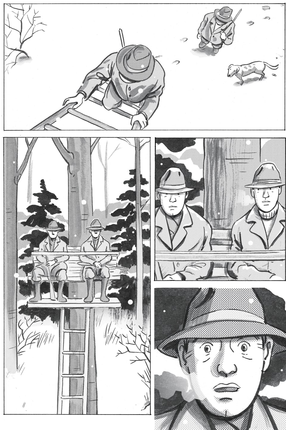 Eine Comicseite mit vier Bildern: Ein Mann in Jagtkleidung steigt eine Leiter hoch, zwei Männer auf einem Hochsitz, einer der Männer reisst die Augen auf.