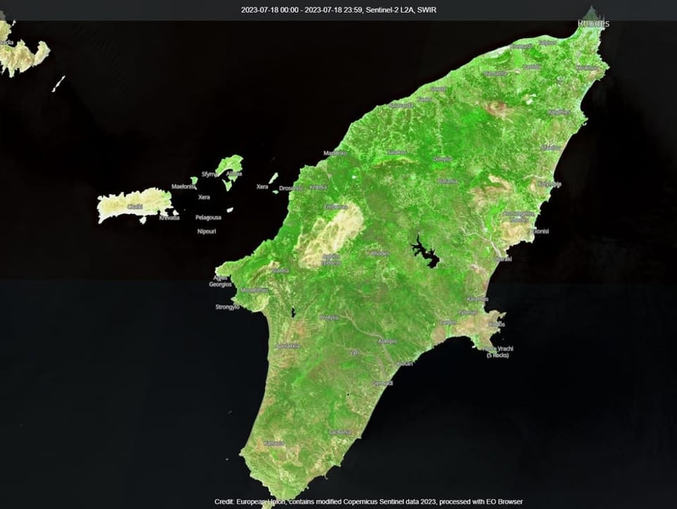 Satellitenbild von Rhodos vor dem Waldbrand 