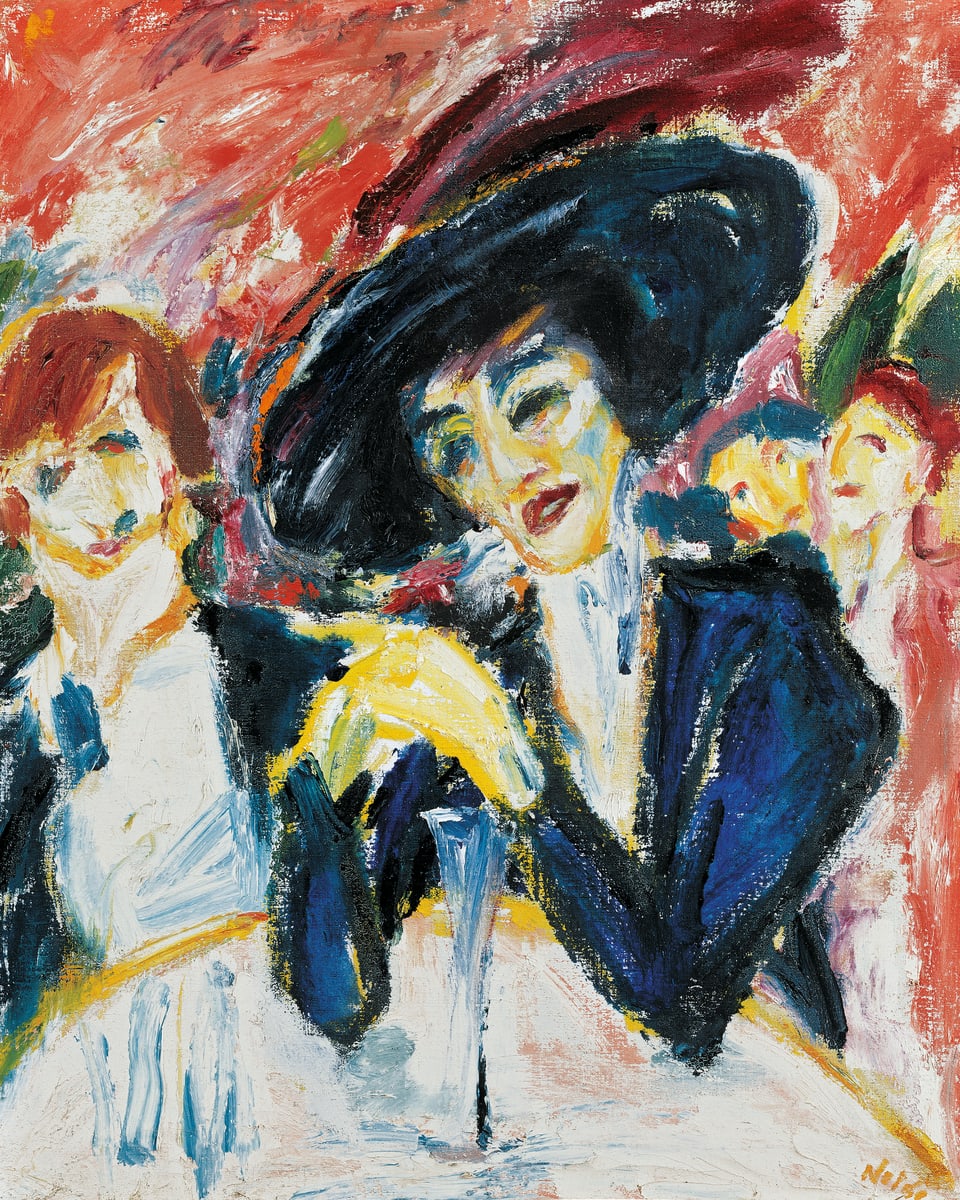 Ein Gemälde: eine Frau mit Hut im Vordergrund, neben ihr steht ein Mann, im Hintergrund sind zwei Frauen.