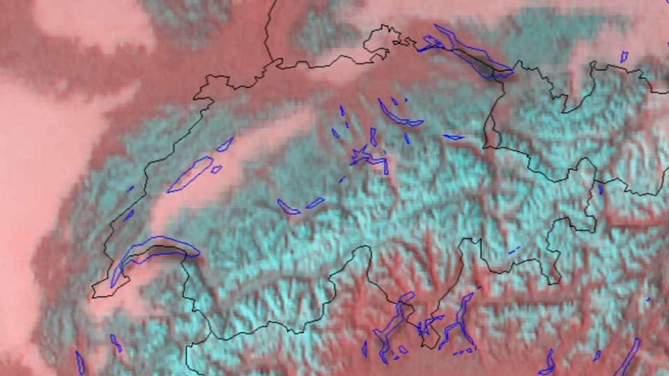 Satellitenbild vom Montagnachmittag Falschfarbenbild mit Schnee und Nebel