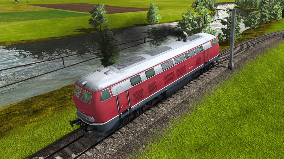 Eine vierachsige Diesellokomotive Baureihe 218 der Deutschen Bundesbahn.