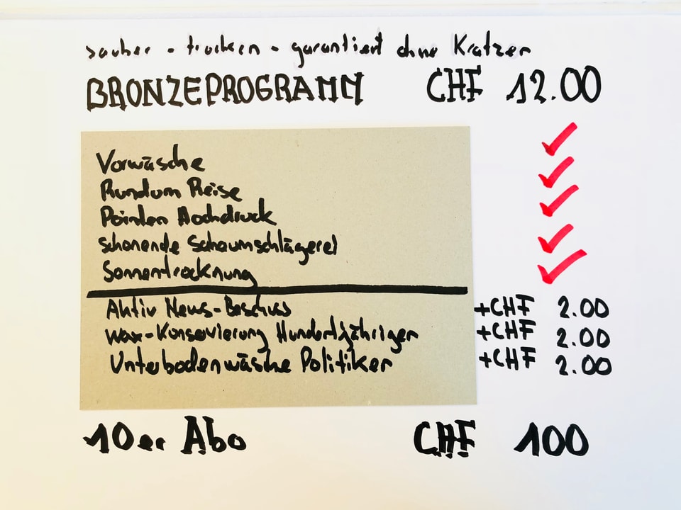 Das erfolgreiche Jonas-Jonasson-Express-Autowaschprogramm Grafik mit Waschprogramm-Tafel