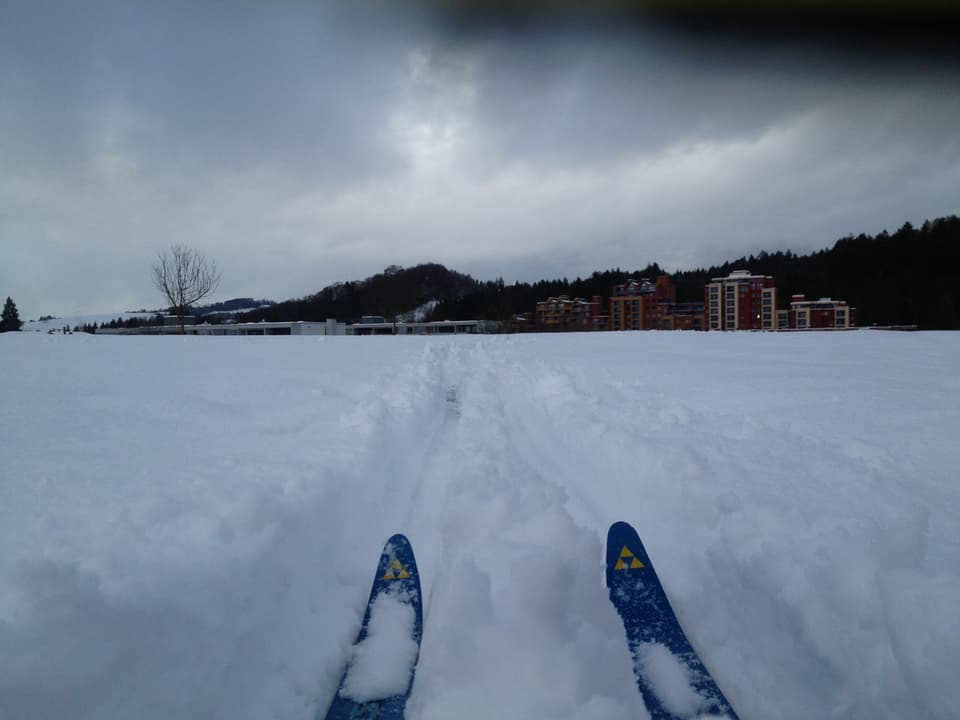 Zwei Skispitzen ragen aus dem Schnee, im Hintergrund ein paar Häuser.