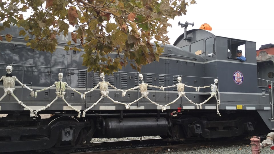 Eine schwarze Lokomotive, an deren Seite Skelette befestigt sind.