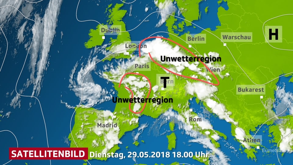 Wolkenverteilung in Europa auf dem Satellitenbild vom  Dienstag 29.05.2018