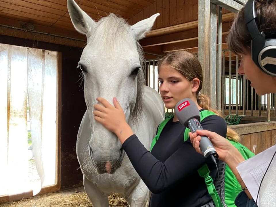 Ein Mädchen mit grünem Rucksack streichelt ein weisses Pferd an der Nase. Die beiden stehen in einer Pferdebox.