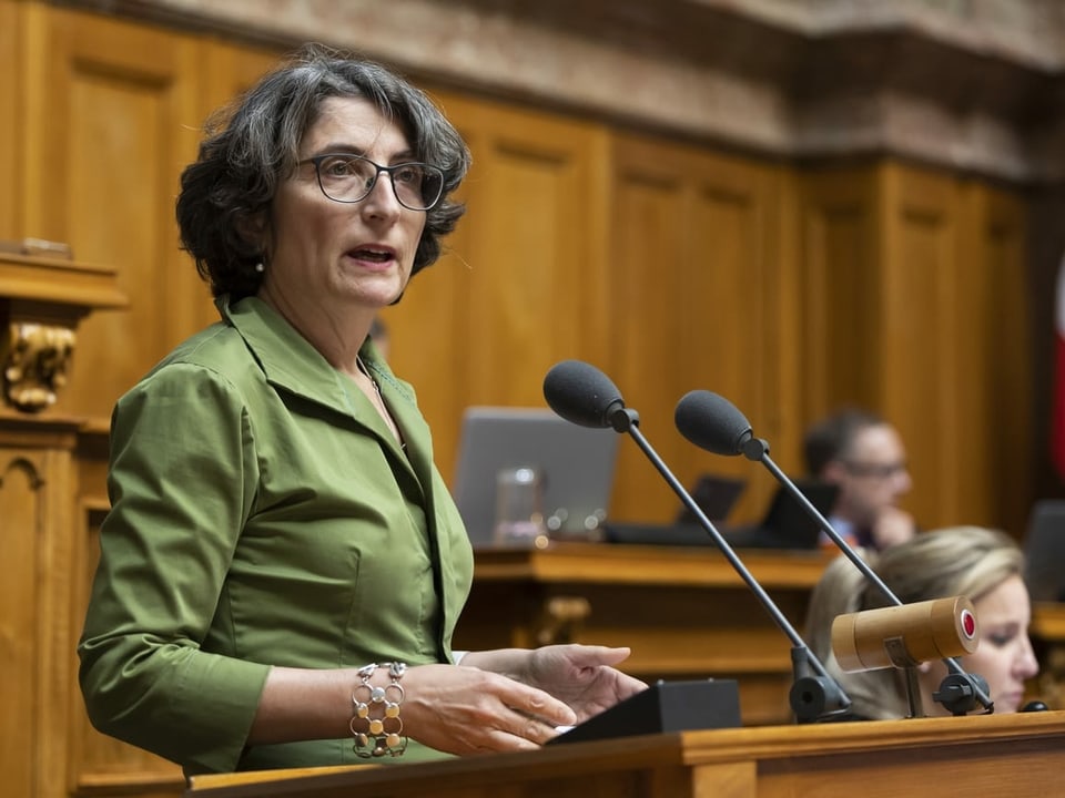 Nationalrätin Manuela Weichelt steht im Parlament am Rednerpult.