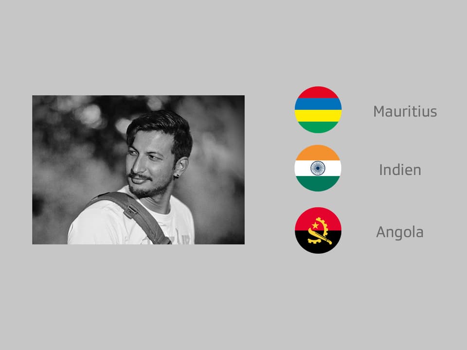 Die Flaggen von Mauritius, Indien und Angola inkl. Porträt.