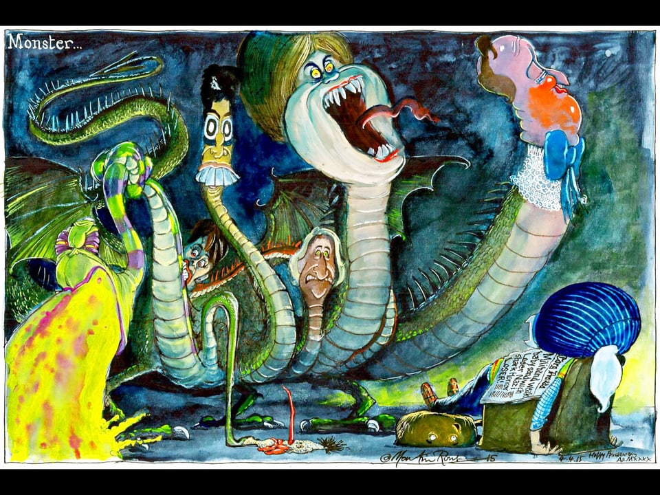 Englische Politiker, als Monster in einem Cartoon dargestellt.
