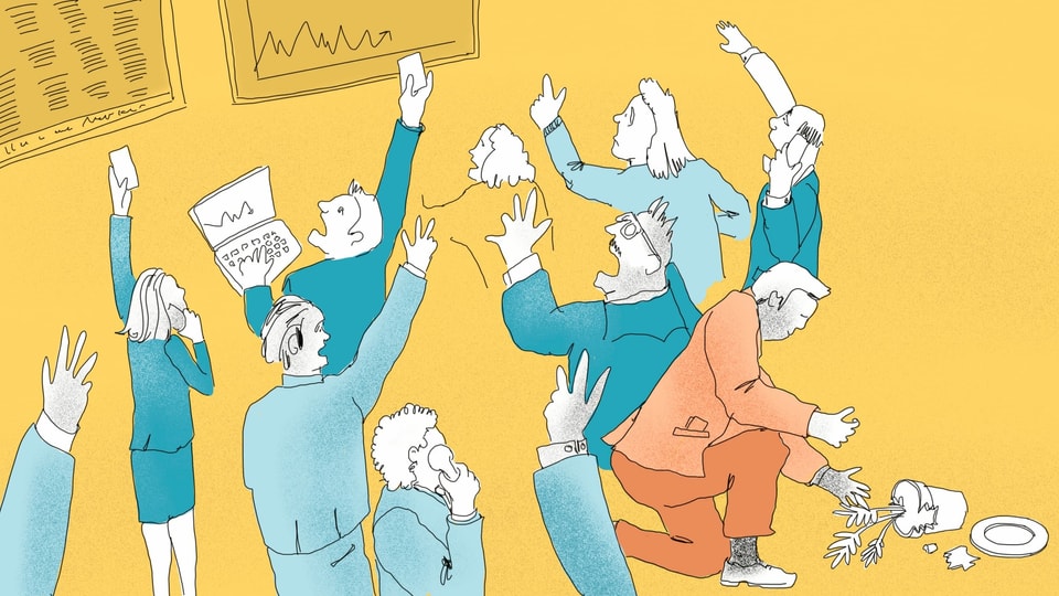 Eine Illustration zeigt den Handel an der Börse - viele Menschen schreien und haben die Hände in der Luft.