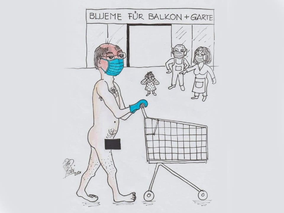 Zeichnung eines Mannes mit Maske und Handschuhen ohne Kleidung in einem Geschäft