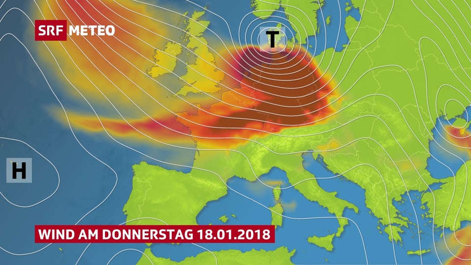 Eine Europakarte zeigt die Zone mit kräftigem Wind.