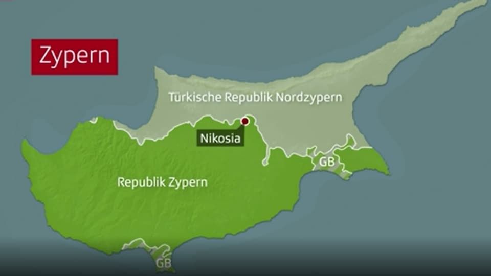 Seit 1974 ist die Mittelmeer-Insel Zypern zweigeteilt Karte von Zypern.