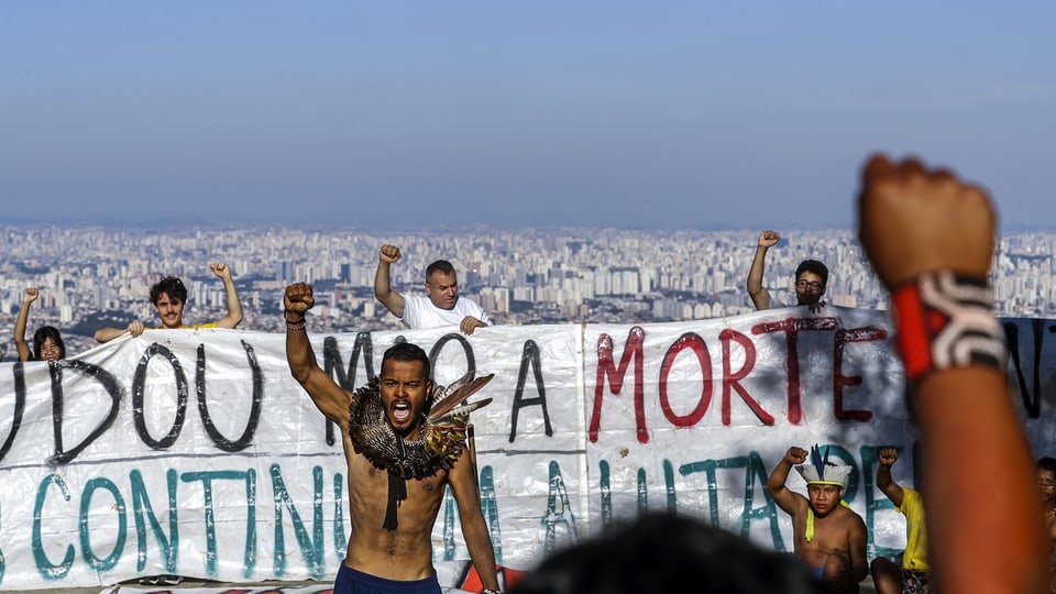 Indigene protestieren in der brasilianischen Stadt Sao Paulo.