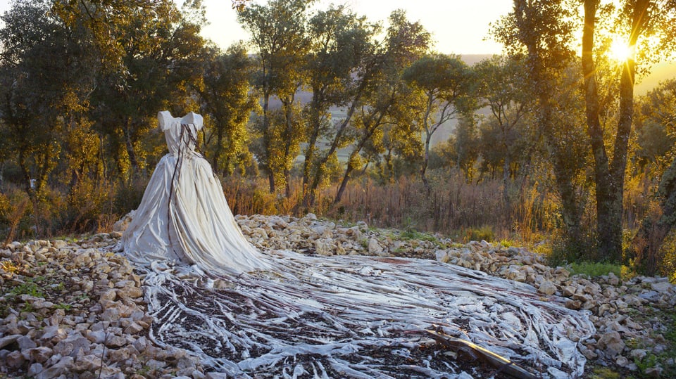 Ein Kleid steht in einem Wald, die Sonne scheint durch die Äste.