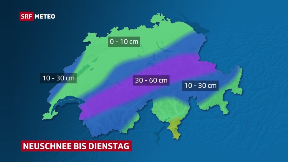 Neuschneemengen: Alpennordhang 30 – 60 cm, sonstige Alpen 10 – 30 cm, Flachland, 0 – 10 cm