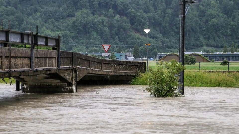 Das braun-graue Hochwasser zwängt sich noch mit Mühe unter einer Brücke hindurch.