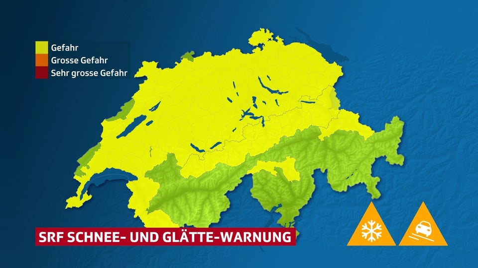 SRF Meteo Warnung Schweizer Karte mit gelben Flächen für eine Schnee- und Schneeglätte-Warnung.