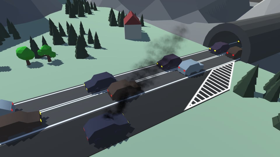 Spielgrafik: Ein Auto steht auf dem Pannenstreifen vor einem Autobahntunnel.