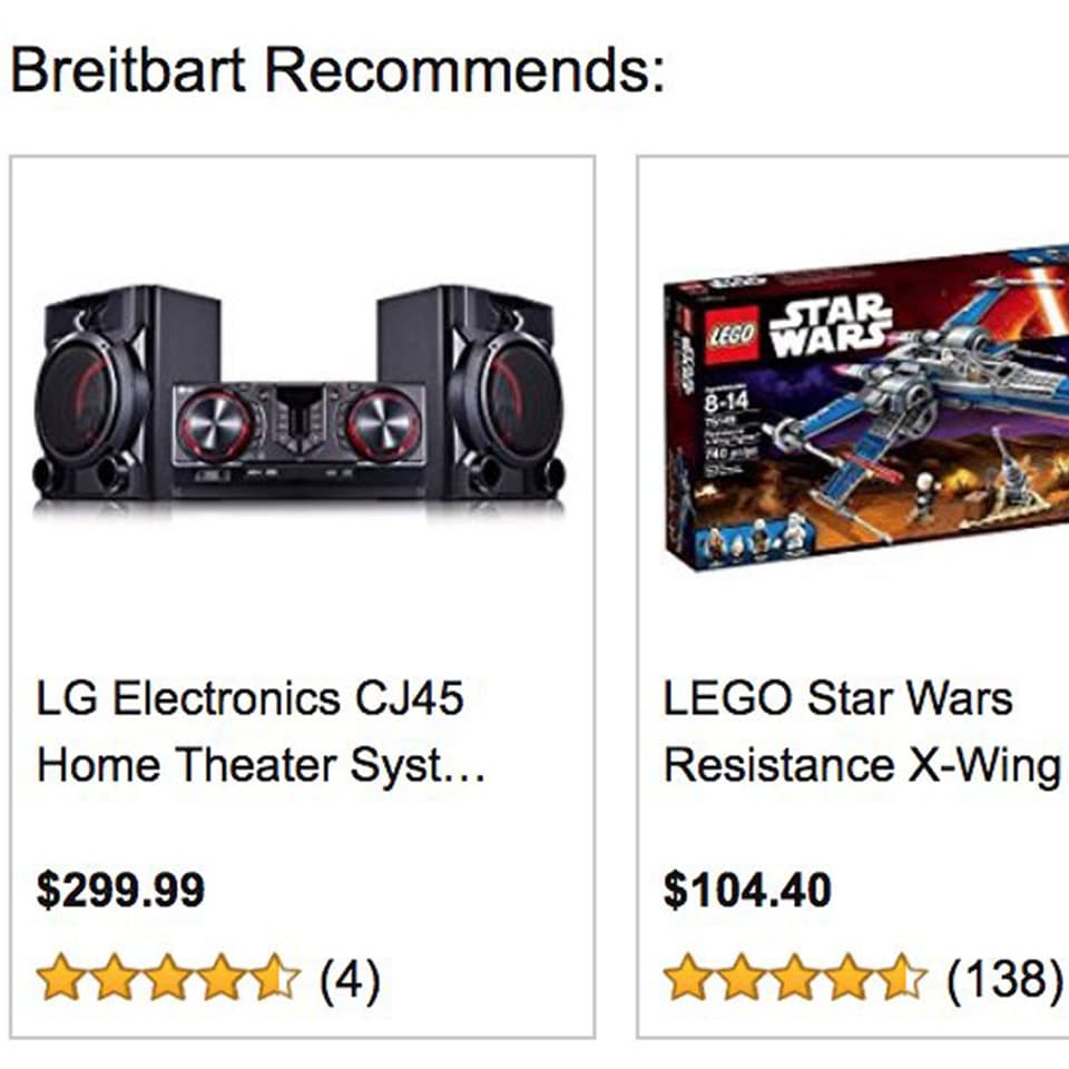Screenshot von Breitbart.com mit zwei Amazon Inseraten: Lego und ein Home Theater System von LG