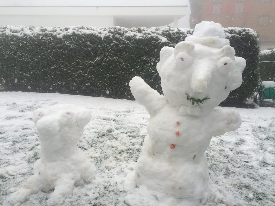 In einem Walliser Garten steht ein kleiner Mann mit Karotten-Knöpfen und ein Hund aus Schnee.