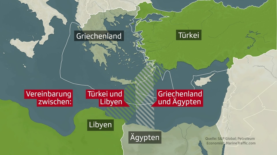 Grafik mit den Ansprüchen und Abkommen der Türkei und Griechenland über ihre Gebietsansprüche.