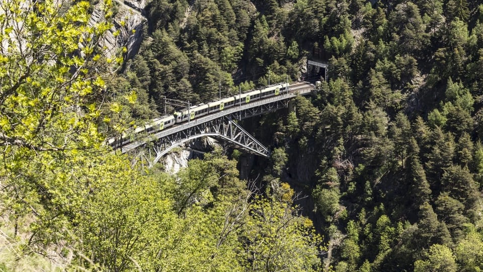 Zug auf einer Brücke im Berggebiet.