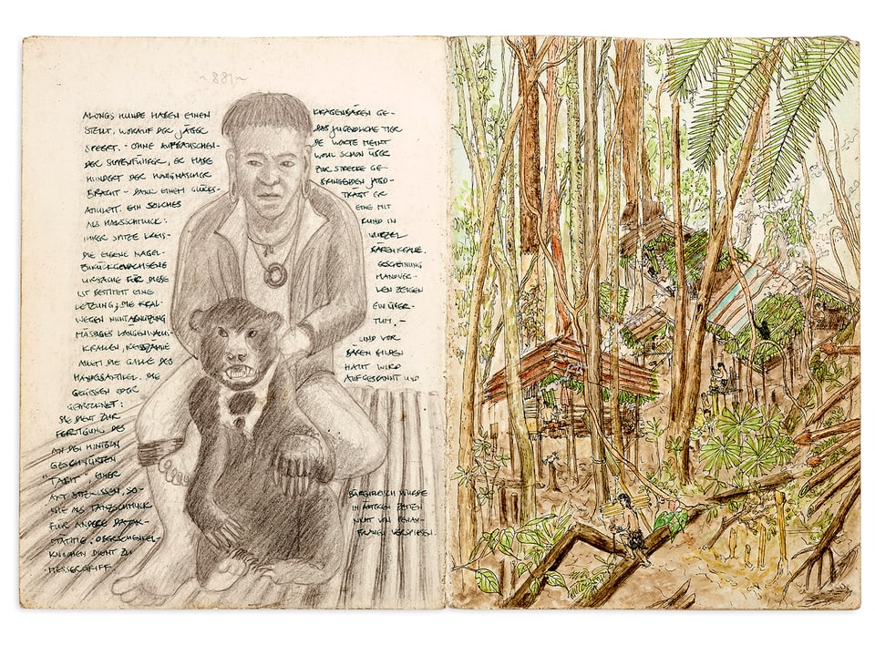 2 Seiten eines Tagebuchs mit Skizzen und Text. Zu sehen ist ein Mensch mit einem Affen und Hütten aus Bambus.