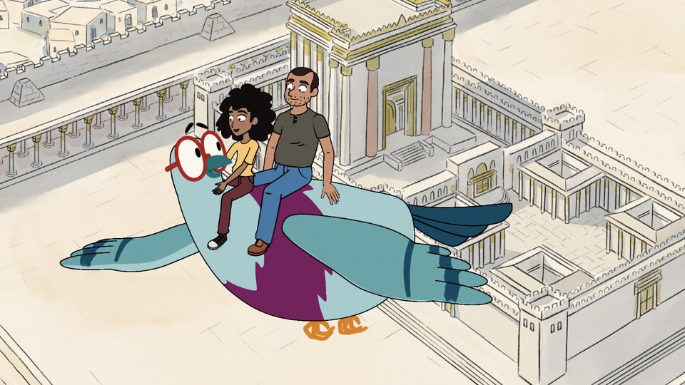 Lina und ihr Vater fliegen mit Taube Nemo über einen Tempel.