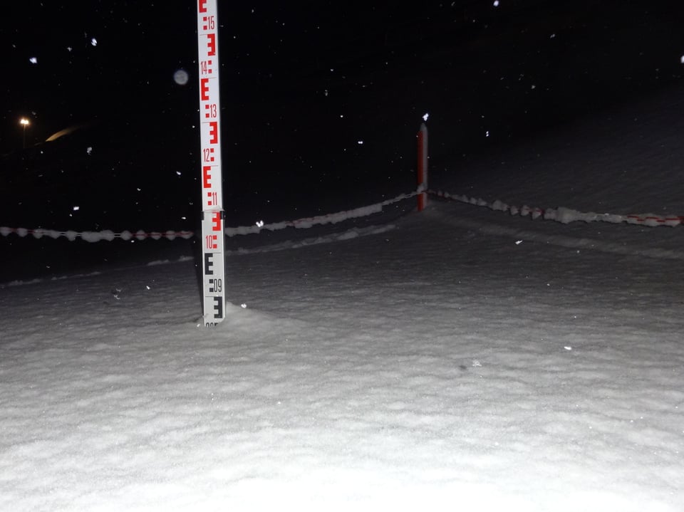 Feld mit Schnee, eine Messstange ragt aus dem Schnee und zeigt den Wert von 85 cm