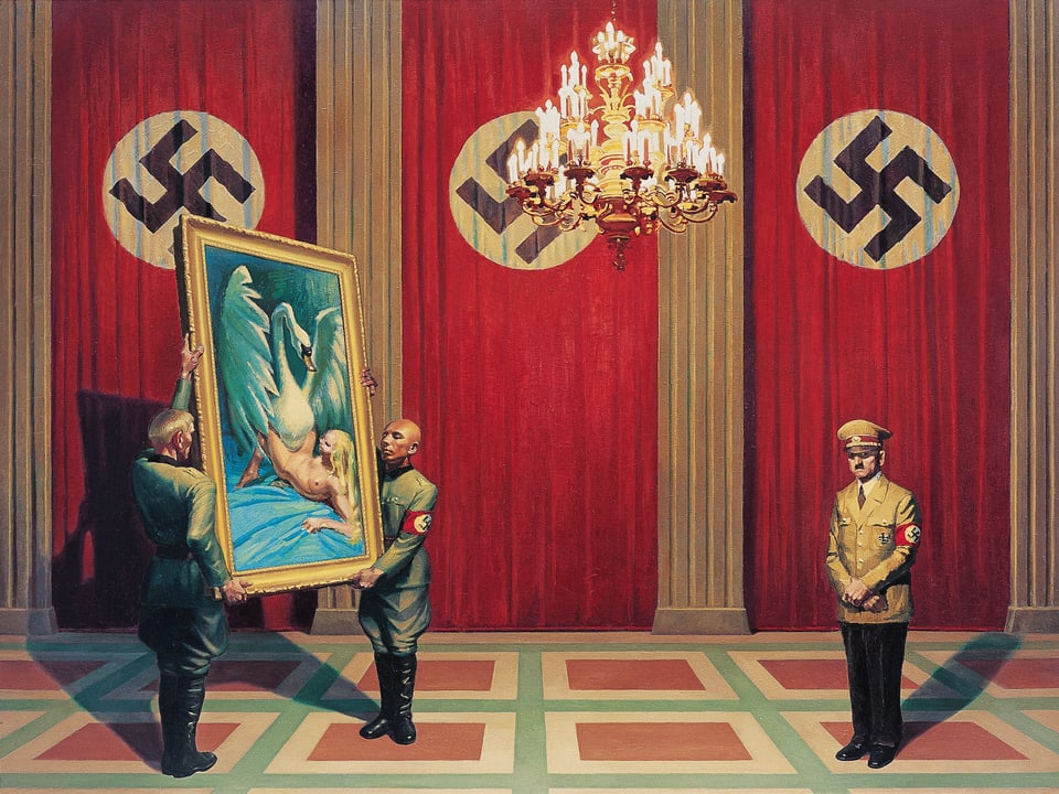 Gemaltes Bild: Vor drei Hakenkreuz-Bannern tragen zwei Männer in Nazi-Uniform ein Bild, das eine nackte Frau mit einem Schwan im Bett zeigt. Daneben steht eine Person, die an Hitler erinnert. 