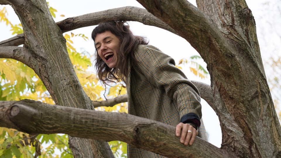 Spale klettert lachend auf einen Baum.
