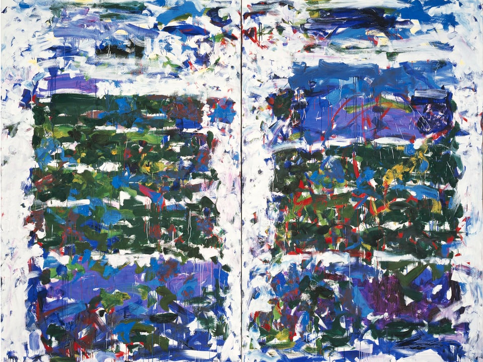 Ein zweiteiliges, hauptsächlich blau, schwarzes Gemälde von Joan Mitchell namens «Champs».