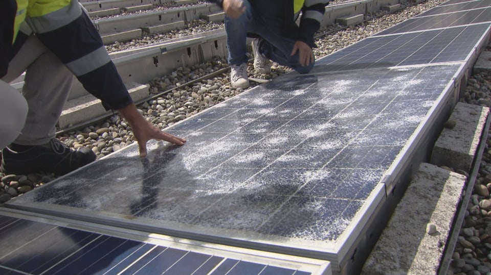 Hagelschäden auf Solarpanels werden inspiziert