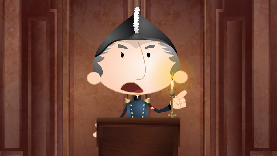 Eine animierte Szene die den General Dufor bei einer Rede zeigt.