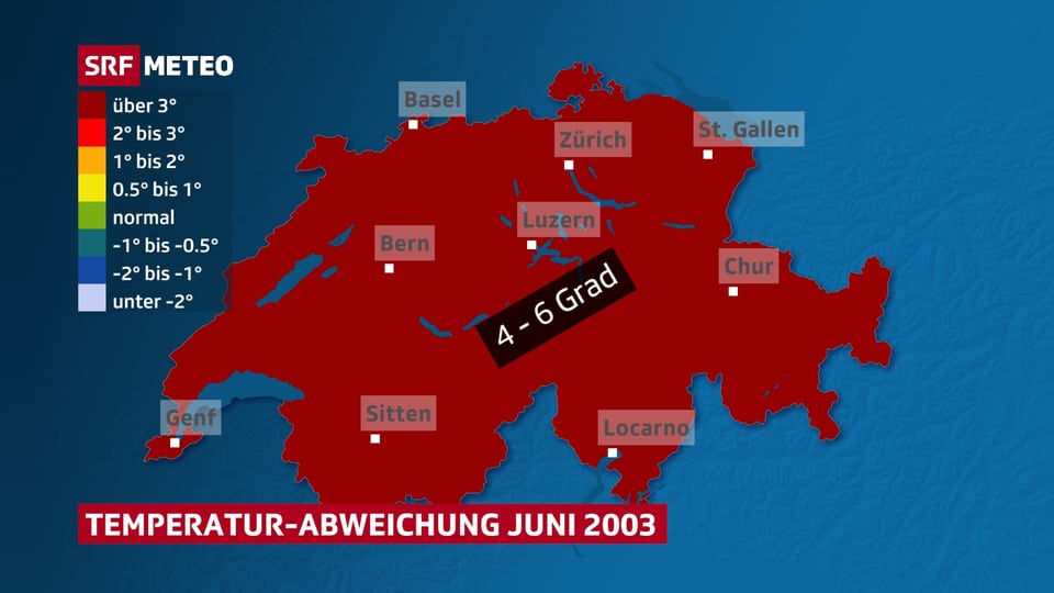 Karte die zeigt, dass es im Juni 2003 deutlich zu warm war.