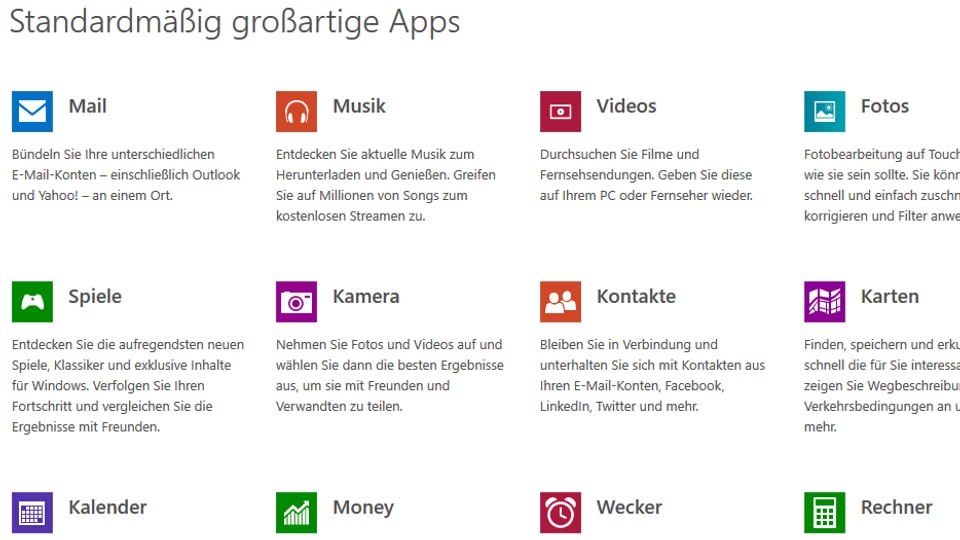 Ein Screenshot aus dem Windows-App-Store mit verschiedenen Standard-Apps zu Musik, Videos, Games usw.