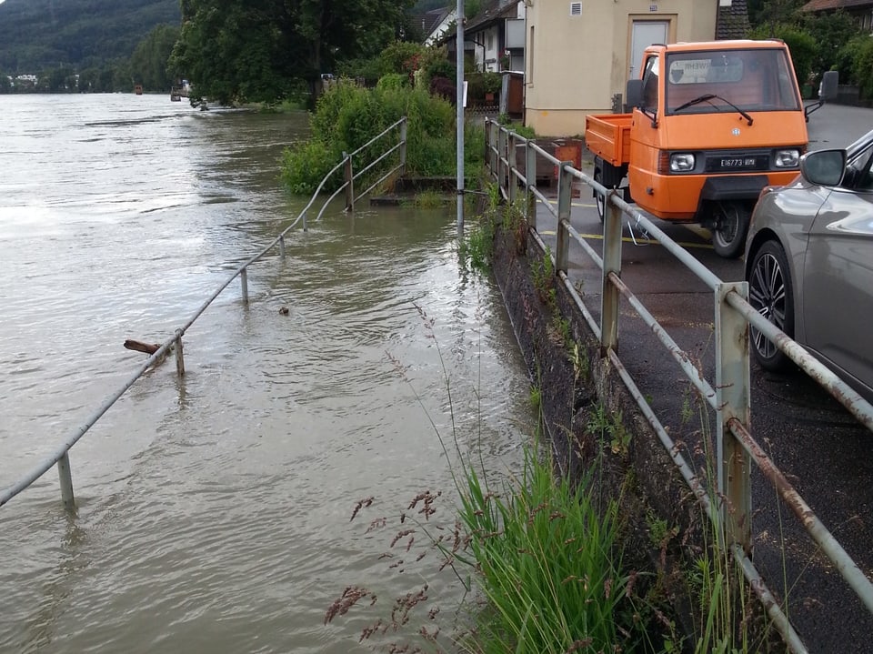 Hochwasser am Rheinufer, Wasser knapp unter dem Gehweg daneben