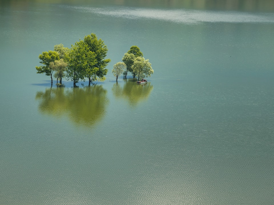 Eine Insel im See ist mit Wasser überspühlt. Nur noch die Bäume sind sichtbar.