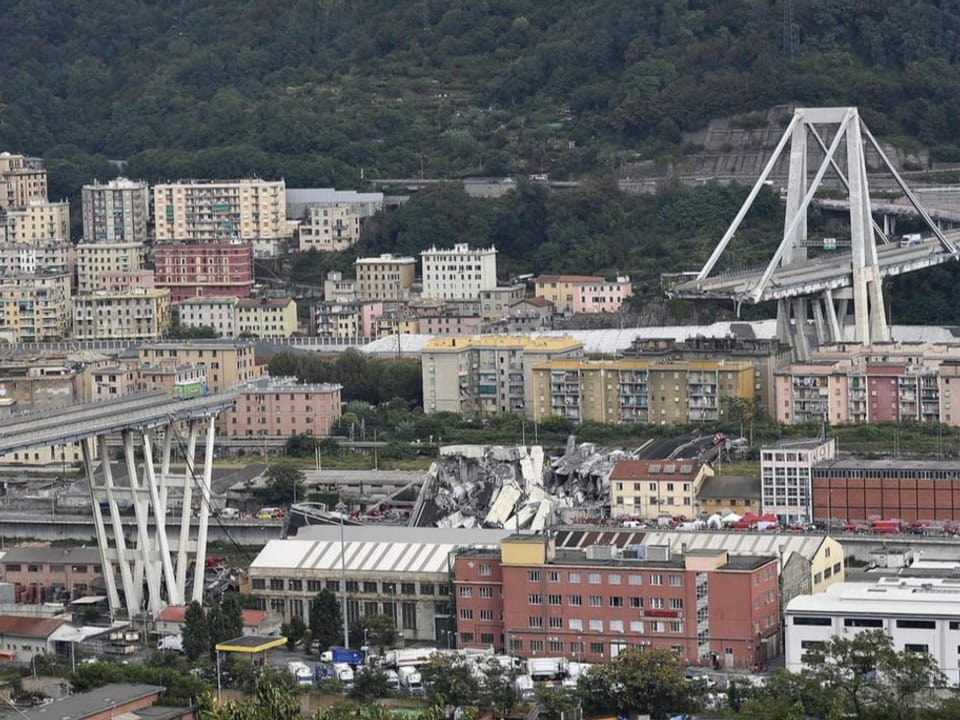 Der Anfang und das Ende der Brücke sind ncoh zu sehen. Der eingestürzte Mittelteil liegt unterhalb der Brücke am Boden.