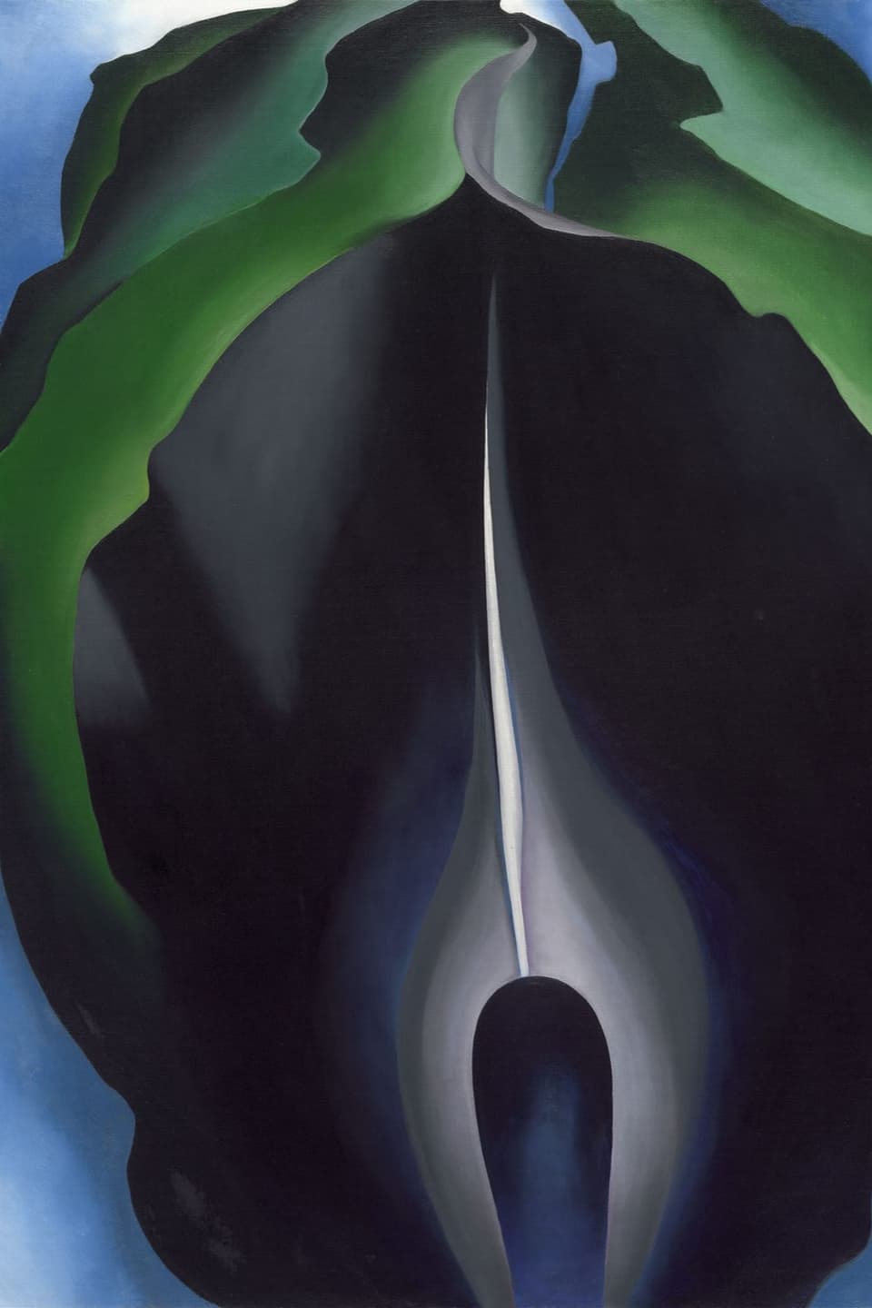 Gemälde einer dunkelblau-schwarzen kelchförmigen Blume.