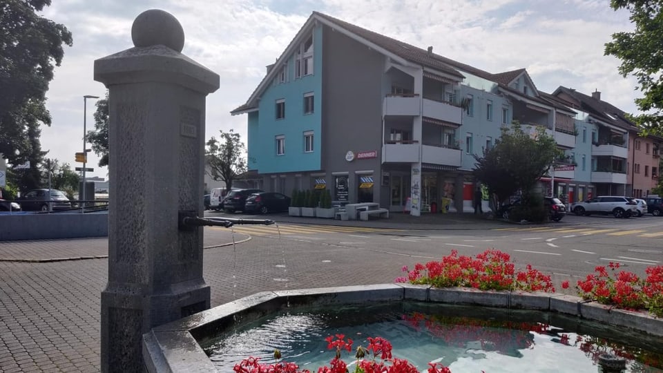 Dorfbrunnen. Dahinter grosses Haus mit Geschäften.