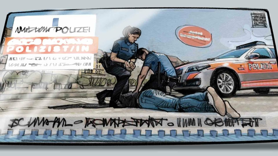 Illustration eines Polizeiplakates, das zwei Polizeileute zeigt, die einen Menschen am Boden festhalten. 