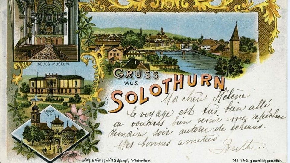 Farbige Postkarte mit gezeichneten Bildern aus der Stadt Solothurn