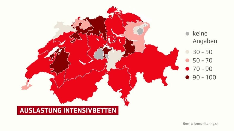 Auslastung der Intensivbetten auf Schweizer Karte